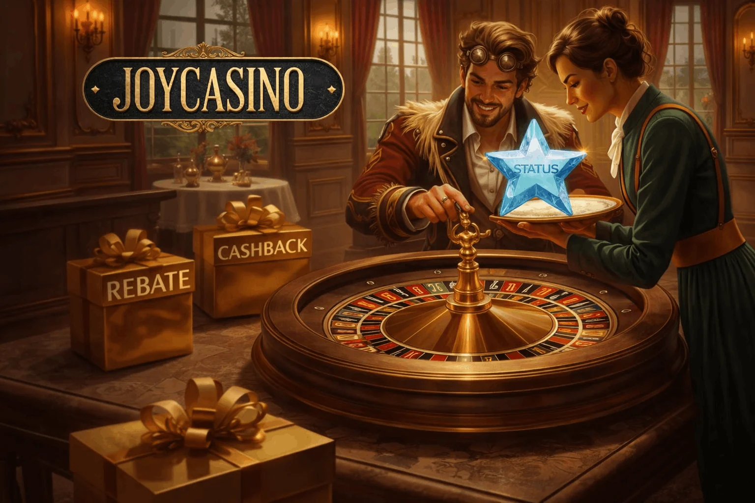 JoyCasino ночной город и рулетка в золотой стилистике